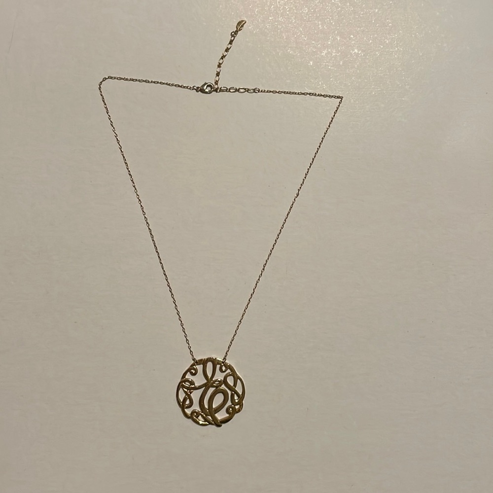 Gold cursive letter “E” monogram initial necklace
